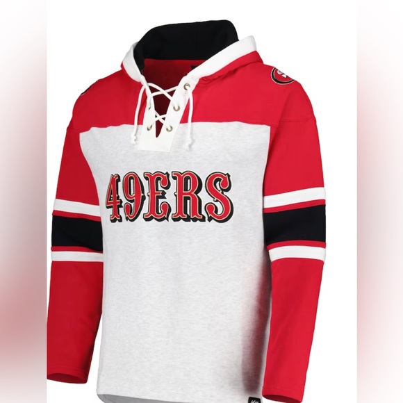 BNWT Men's '47 San Francisco 49ers Heather Gray Gridiron Lace-Up Pullover Hoodie - Picture 3 of 3